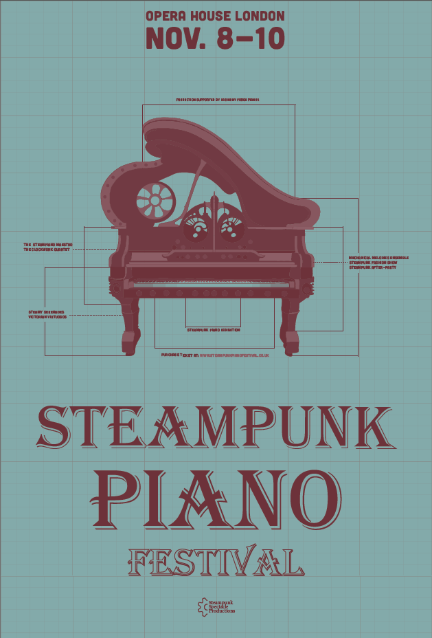 Steampunk Piano Festival main poster with piano cross-section blueprint